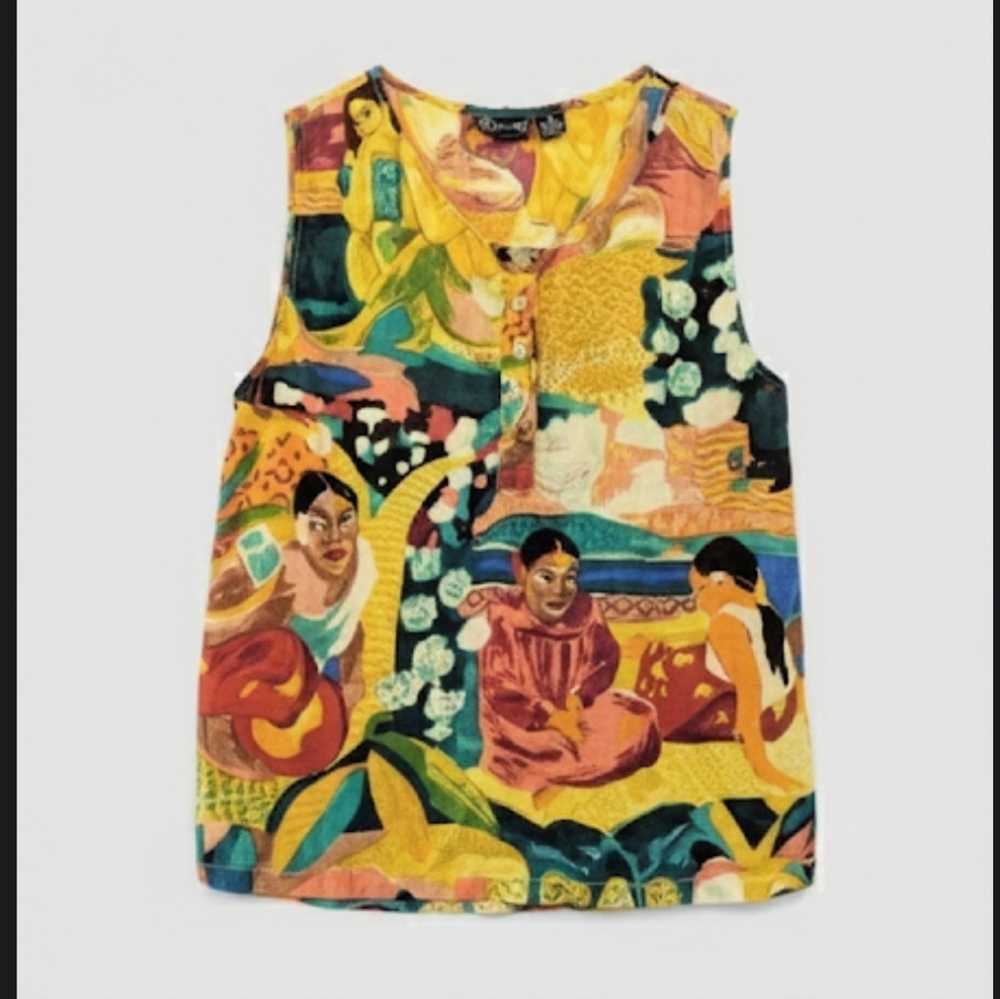 Vintage Phool Graphic Art Sleeveless Top Indigenous Tribal Boho Indie L